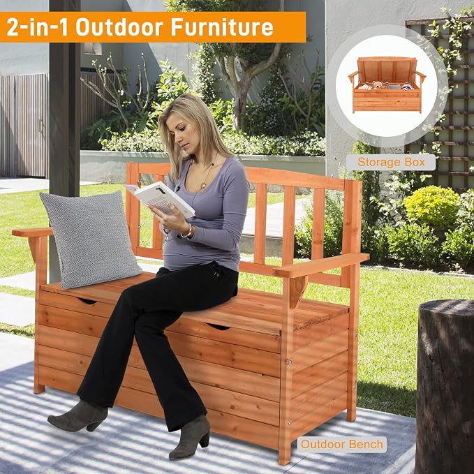 Outdoor Wood Storage Bench, Deck Box Loveseat, Natural | Waterproof Patio - Image 4