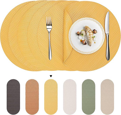 Round Faux Leather Placemats Set of 6 – 13 Inch Vinyl Mats, Heat Resistant, Non Slip, Wipeable & Washable, Easy to Clean Decor for Kitchen & Holiday Meals – Golden Yellow