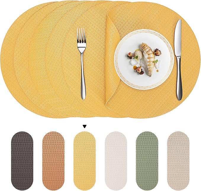 Round Faux Leather Placemats Set of 4 – 13 Inch Vinyl Table Mats, Heat Resistant, Non Slip, Wipeable & Washable, Easy to Clean Dining Table Decor for Kitchen & Dining Room – Golden Yellow