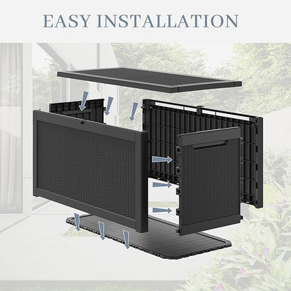 260 Gallon Large Resin deck box Waterproof,Outdoor Storage Bench,Patio Storage Box,Garden Tool Storage,Resin Large Sturdy Deck boxes with Double Wall Panels,Rattan Black