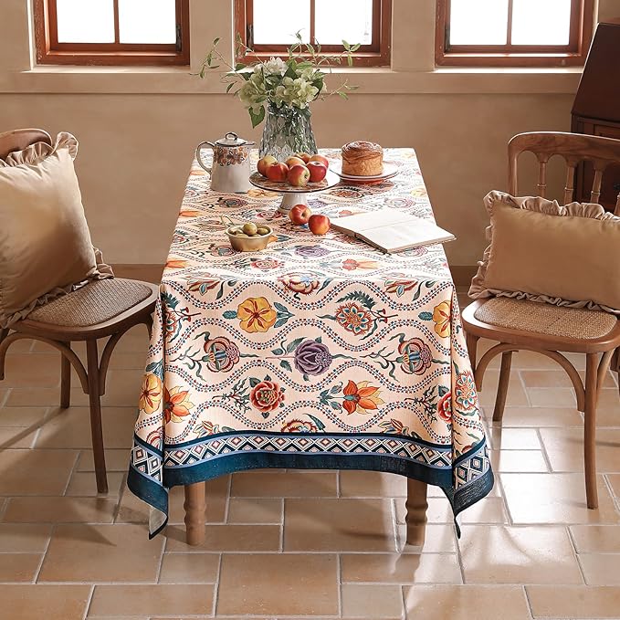 Vintage French Rectangular Tablecloth,Linen Tablecloth with Rose and Cornflower Pattern,Decorative Table Cover for Kitchen,Dining,Thanksgiving,Tea Party,55" × 87"-Lanae
