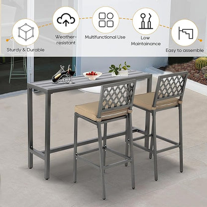 3-Piece Outdoor Patio Bar Set, Bar Height Patio Dining Set, Weather-Resistant Bistro Counter Pub Set with Cushions & Slatted Tabletop for Backyard, Garden, Yard
