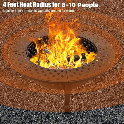 42 Inch Fire Pit with 2 BBQ Grills, Wood Burning Fire Pits for Outside with Lid & Fire Poker, BBQ& Outdoor Firepit & Round Metal Table 3 in 1 for Patio, Picnic, Party