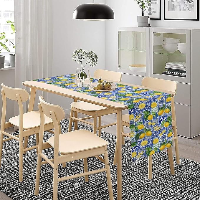 Tiles Lemon Table Runner Blue White Yellow Vintage Rustic Summer Fruit Chic Farmhouse Dining Table Decoration for Home Holiday Party Dresser Kitchen Cabin Restaurant Wedding Decor 13×90in