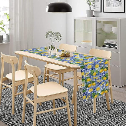 Tiles Lemon Table Runner Blue White Yellow Vintage Rustic Summer Fruit Chic Farmhouse Dining Table Decoration for Home Holiday Party Dresser Kitchen Cabin Restaurant Wedding Decor 13×108in