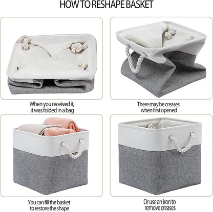 11 x 11 Inch Cube Storage Bins, 6 Pack Large Collapsible Fabric Storage Bin with Ropes, Foldable Storage Cubes for Home, Office,Closet, Clothes, Toys Organizer (White & Grey-11"x11"x11")