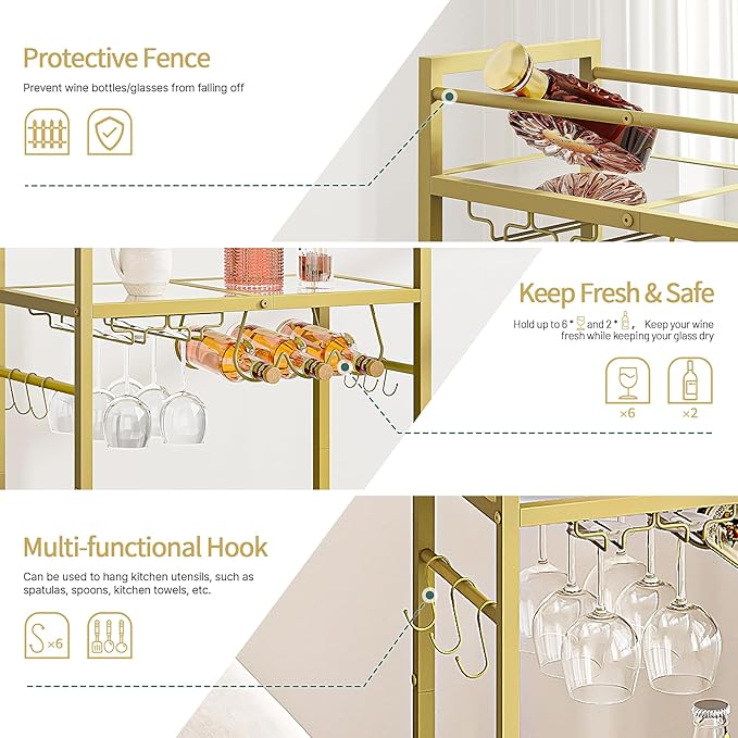 Bar Cart, Serving Cart for Home, Microwave Cart, Drink Cart, Wine Cart with 2 Mirrored Shelves, Wine Holders, Glass Holders, for Kitchen, Dining Room(Gold)