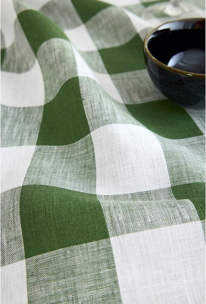 Solino Home Linen Table Runner 120 Inches Long - 100% Pure Linen Buffalo Check Olive and White Table Runner 14 x 120 Inch Ideal for Dining, Spring, St Patricks Day, Easter