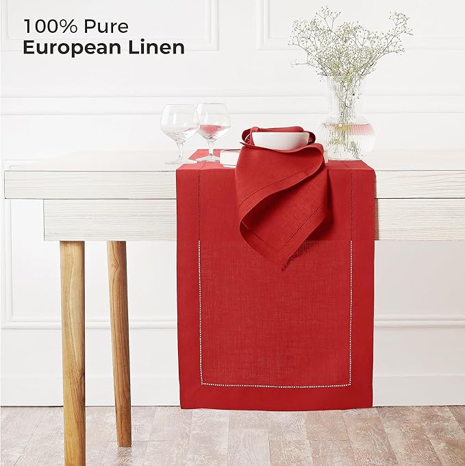 D'Moksha Homes Linen Bright Red Table Runner 84 Inches Long - 100% Pure Linen Table Runner 14 x 84 Inch for Valentines, Spring, Easter - Classic Hemstitch