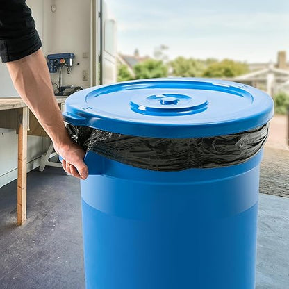 PRO&Family Commercial Round Trash Can with Lid and Dolly Rolling Waste Container, Ingredient Bin, Heavy-Duty Plastic, Anti-Static, Kitchen, Office, Outdoor Use (Blue, 32 Gallon)