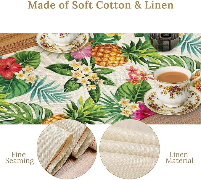 Summer Pineapple Table Runner, Tropical Palm Leaves Flowers Fruit Table Runner for Kitchen Dining Party Holiday Home 13x108in