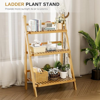 Foldable Ladder Shelf 39.4", Plant Shelf 3 Tier, Bamboo Ladder Flower Pot - Image 8