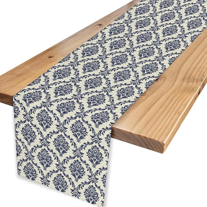 Damask Table Runner, Rustic Gothic Baroque Style Floral Bohemian Boho Blue Flower Antique Vintage Coffee Table Center Decor for Kitchen and Dining Outdoor Country Party Table Decorations, 13"x108"
