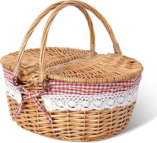 GRANNY SAYS Picnic Basket, Wicker Basket with Lid, Woven Cute Basket with Handle, Storage Basket with Washable Lining & Dual-Flid Lid, Natural Willow Picnic Hamper, Red Lining