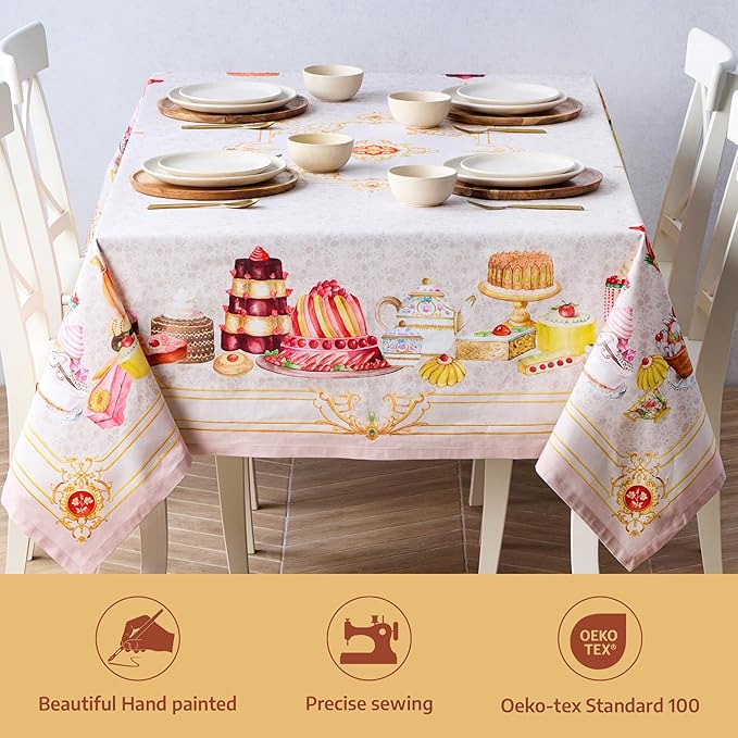 Maison d' Hermine Premium Table Cloth Rectangle Table 100% Combed Cotton 90 x 70 Inches Tablecloth Reusable Decorative for Dining Room, Farmhouse, Home, Party, Festive & Wedding - Pastries