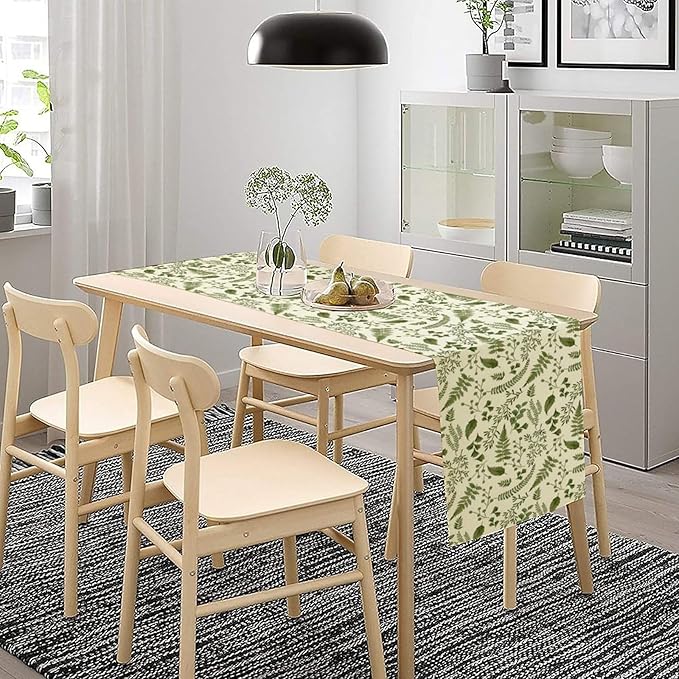 Green Leaves Table Runner,Spring Summer Herbs Botanical Natural Plants Print Table Runner for Kitchen Dining Table Farmhouse Home Party Decor 13x70in