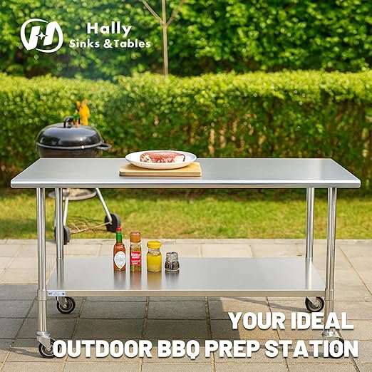 Hally Stainless Steel Table for Prep & Work 24 x 72 Inches with Caster Wheels, NSF Commercial Heavy Duty Table with Undershelf and Galvanized Legs for Restaurant, Home and Hotel