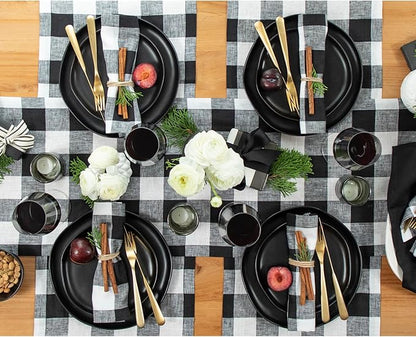 Solino Home Linen Checkered Table Runner 132 Inches Long - 100% Pure Linen Black and White Buffalo Check Extra Long Table Runner 14 x 132 Inch Ideal for Dining, Winter