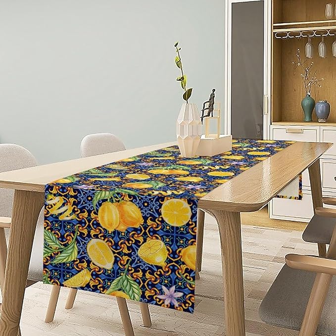 Yellow Lemon Table Runner Vintage Retro Summer Fruit Blue White Floral Printed Dining Table Decoration for Home Holiday Party Dresser Kitchen Cabin Restaurant Wedding Decor 13×90in