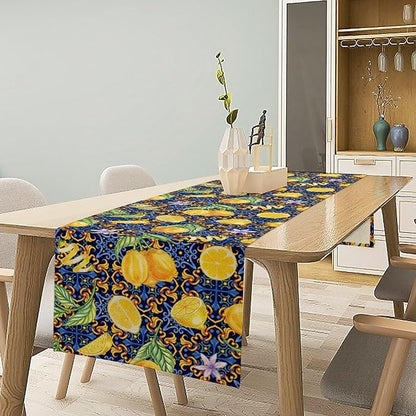 Yellow Lemon Table Runner Vintage Retro Summer Fruit Blue White Floral Printed Dining Table Decoration for Home Holiday Party Dresser Kitchen Cabin Restaurant Wedding Decor 13×120in