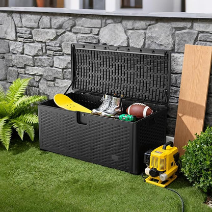 JEKO&JEKO 75 Gallon Outdoor Storage Box, Large Plastic Deck Box with Lockable Lid for Patio Furniture, Garden Tools, Outdoor Cushions and Shoes, Black