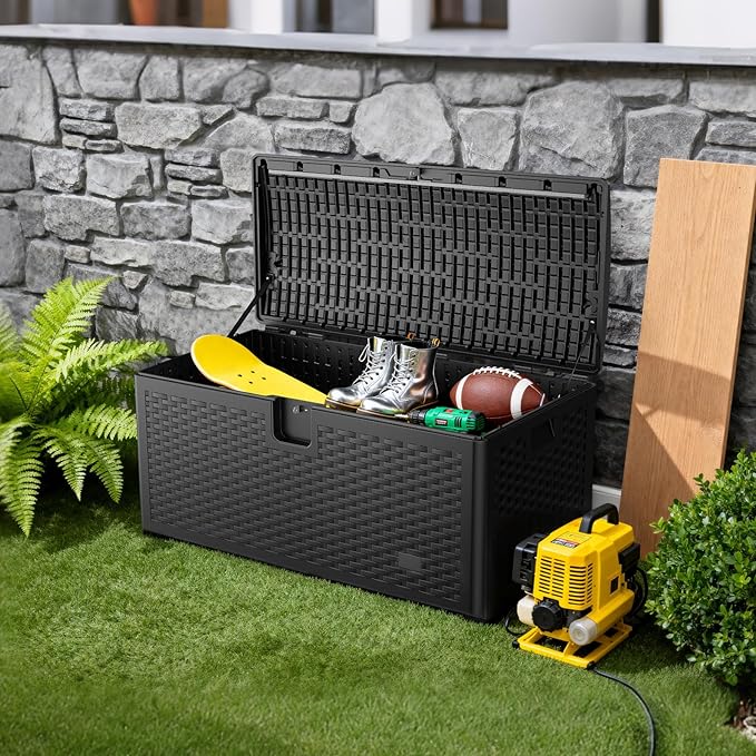 JEKO&JEKO 150 Gallon Outdoor Storage Box Set, 2-Pack 75 Gallon Plastic Deck Boxes with Lockable Lid for Patio, Garden Tools, Outdoor Cushions and Shoes, Black