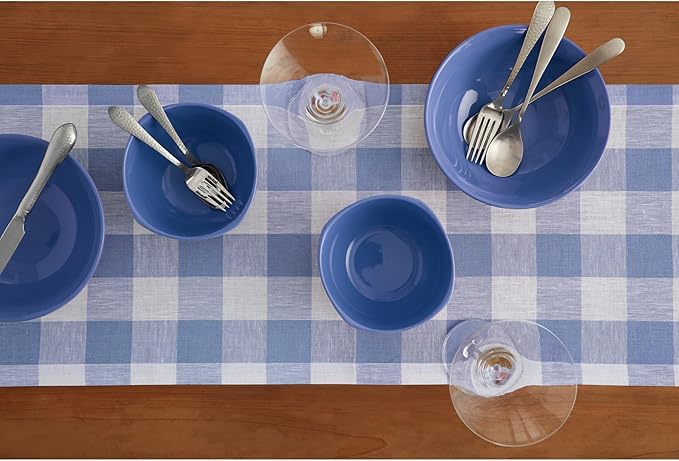 Solino Home Linen Checkered Table Runner 60 Inches - 100% Pure Linen Hydrangea Blue Buffalo Check Short Table Runner 14 x 60 Inch Ideal for Dresser and Coffee Tables - Winter, Spring, Easter