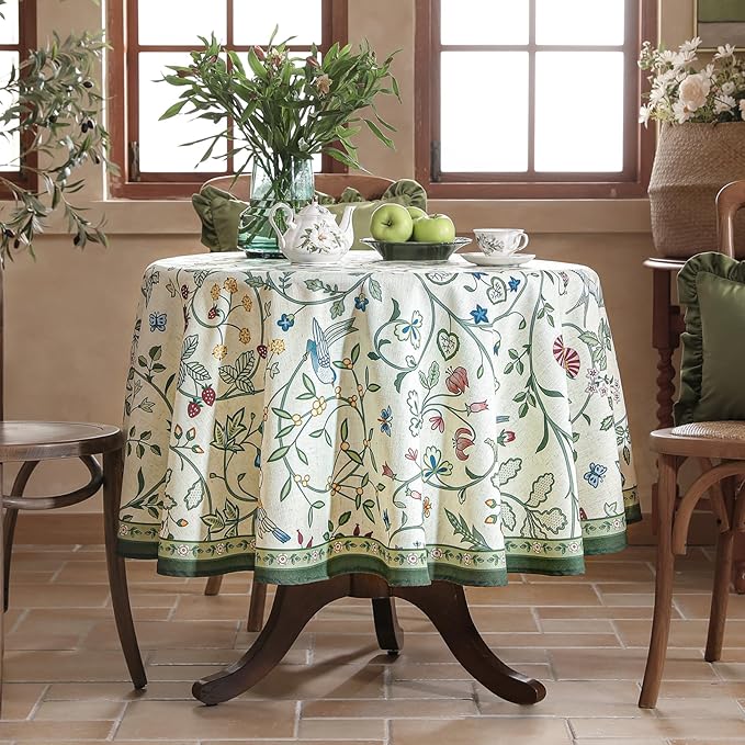 Linen 55 Inch Round Tablecloth,Wrinkle Resistant French White and Green Tablecloth Print with Froal,Decor Stitch Table Cloth for Thanksgiving,Dining Room,Home Diameter 55"-Idaho A