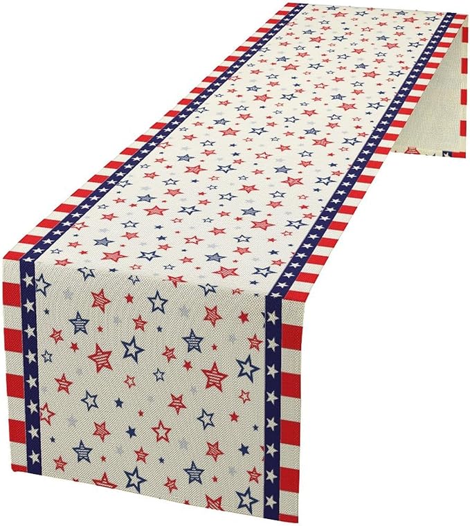 4th of July Table Runner, America Memorial Day Independence Day Stripe Stars Patriotic Table Runner for Home Kitchen Dining Indoor Holiday Farmhouse 13x108in