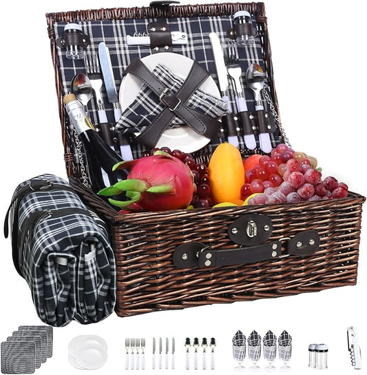 Neti Neti Wicker Picnic Basket for 4 with Insulated Cooler & Waterproof Blanket – Large Willow Picnic Hamper for Outdoor, Camping, Beach, Romantic Dates, Valentine’s Day