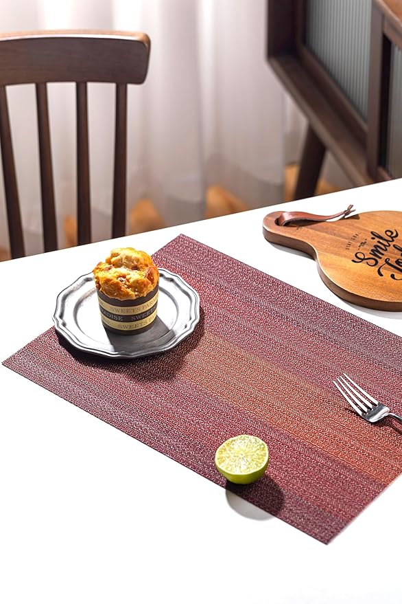 LEXMORE Placemats Set of 6 Vinyl/Plastic Woven Place Mats for Kitchen Table Indoor/Outdoor Washable Placemat Wipeable Dining Table Mats(Pomegranate Parade)