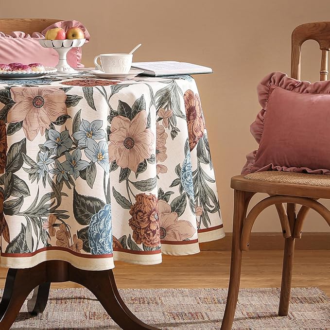 Designer French Linen Small Tablecloth for Round Table,Red and Blue Floral Durable Tablecloths,Decor Table Cover for Kitchen,Dining,Thanksgiving,Farmhouse,Diameter 55"-Burgundyred