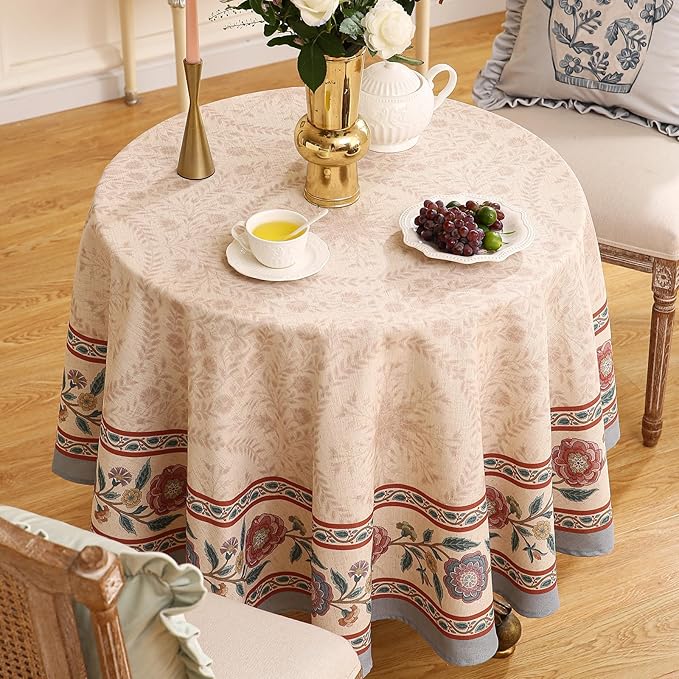 Designer Floral Linen Round Tablecloth,Vintage Indian Wrinkle Resistant Tablecloths,Decor Table Cover for Kitchen,Dining,Tea Party,Thanksgiving,Christmas,Diameter 67"-Flowershadow E