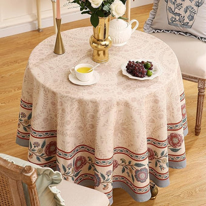 Designer Floral Linen Round Tablecloth,Vintage Indian Wrinkle Resistant Tablecloths,Decor Table Cover for Kitchen,Dining,Tea Party,Thanksgiving,Christmas,Diameter 67"-Flowershadow E