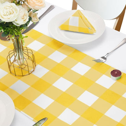 Fabric Checkered Table Runner 12 Pack Waterproof Gingham Table Runner 14W x 108L Buffalo Check Table Runners for Parties Kitchen Dining Wedding Banquet (Yellow and White)