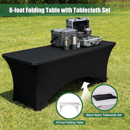 FWTI Deal 6 Feet Foldable Table & Tablecloth Set, Built in Carrying Handle & Alloy Steel Legs, Heavy Duty Portable for Party, Dining, Wedding, Picnic, Camping, Utility - White (Table&Tablecloth)