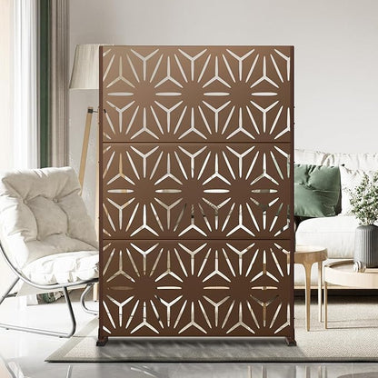 Metal Privacy Screen Outdoor 72" H×47" W,Freestanding Decorative Privacy Screen for Balcony Yard&Garden,Privacy Fence-Brown&Star