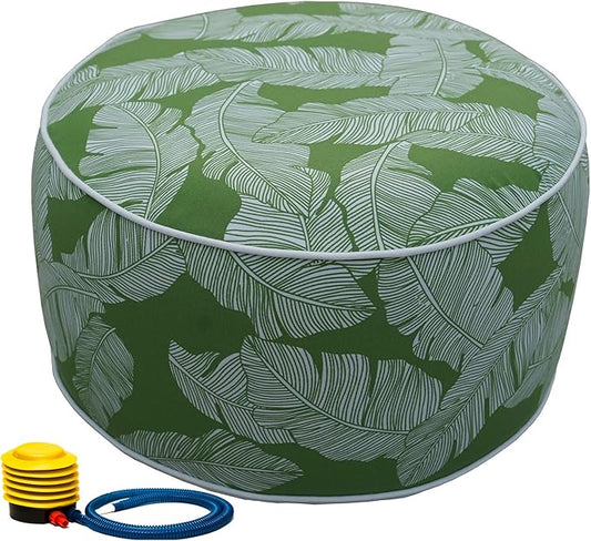 Kozyard Inflatable Ottoman Stool - Portable Round Pouf for Indoor/Outdoor Use - Perfect Small Foot Rest or Seating for Kids and Adults - Ideal for Camping or Home (Green Leaf)