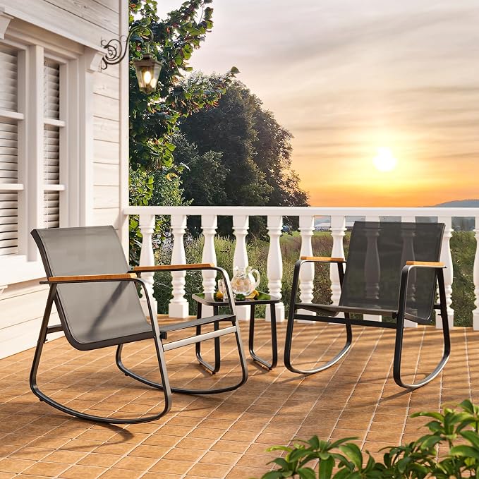 3 Pieces Patio Furniture Set Textilene Outdoor Rocking Set, A Tempered Glass - Image 6