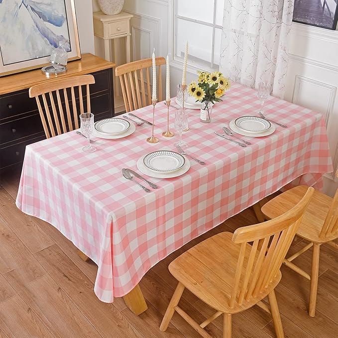 Cupuamon 2 Pack Waterproof Polyester Fabic Rectangle Checkered Tablecloth，60x84 Outdoor Table Cloth，Oil Stain Prevention Table Cloth for Pinics and Parties（Pink and White）