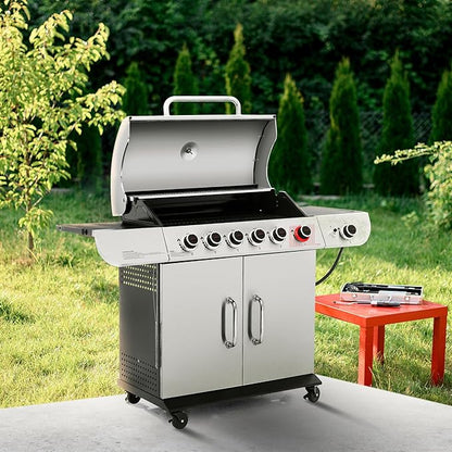 Royal Gourmet SG6002R 6-Burner Propane Grill with Sear Burner and Side Burner, Stainless Steel Cabinet Style Gas Grill with 71,000 BTU Output, for Outdoor Patio Garden Picnic Backyard Cooking, Silver
