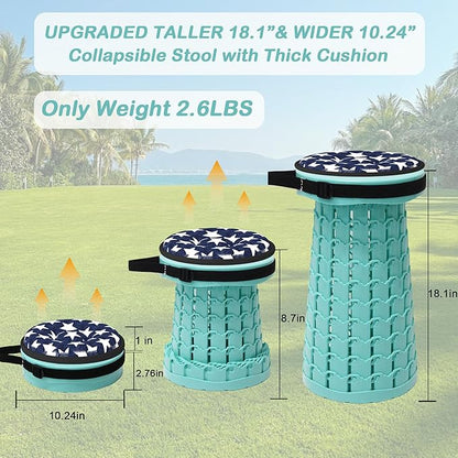 ALEVMOOM Upgraded Collapsible Stool with Thickened Cushion 18.1",600Lbs Max Weight Wider & Taller Pop Up Stool, Heavy Duty Portable Retractable Folding Chair or Travel Foot Rest for Camping Outdoors