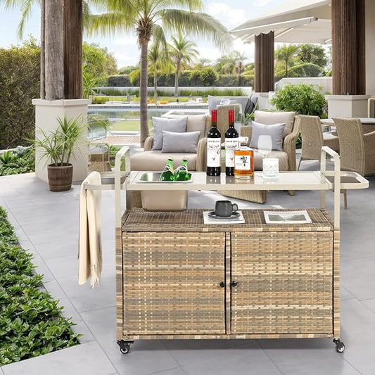 Outdoor Table, Wicker Cart with Cabinet, Patio Serving Cart with Steel Top, Lockable Wheels, Side Basket for Garden, Poolside & Backyard, Beige