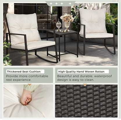 SUNCROWN 3 Piece Outdoor Rocking Bistro Set Black Wicker Furniture Porch Chairs - Image 8