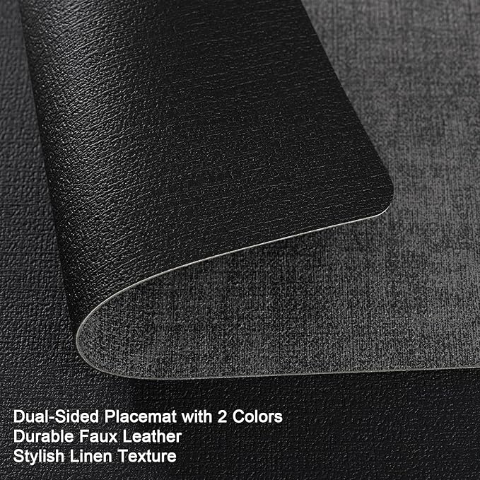 Myir JUN Placemats Dual Sided, Faux Leather Place Mats Set of 6 Indoor Placemats for Dining Table Outdoor Placemats Manteles Individuales Square Non-Slip Washable Table Mats (Gray Black, Set of 6)