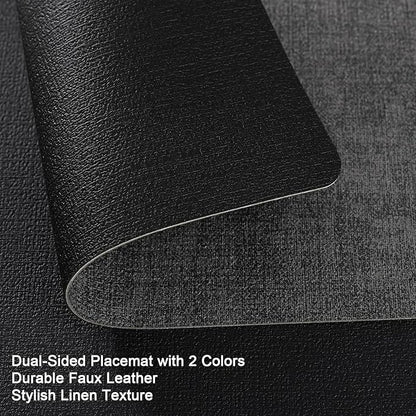 Myir JUN Placemats Dual Sided, Faux Leather Place Mats Set of 6 Indoor Placemats for Dining Table Outdoor Placemats Manteles Individuales Square Non-Slip Washable Table Mats (Gray Black, Set of 6)