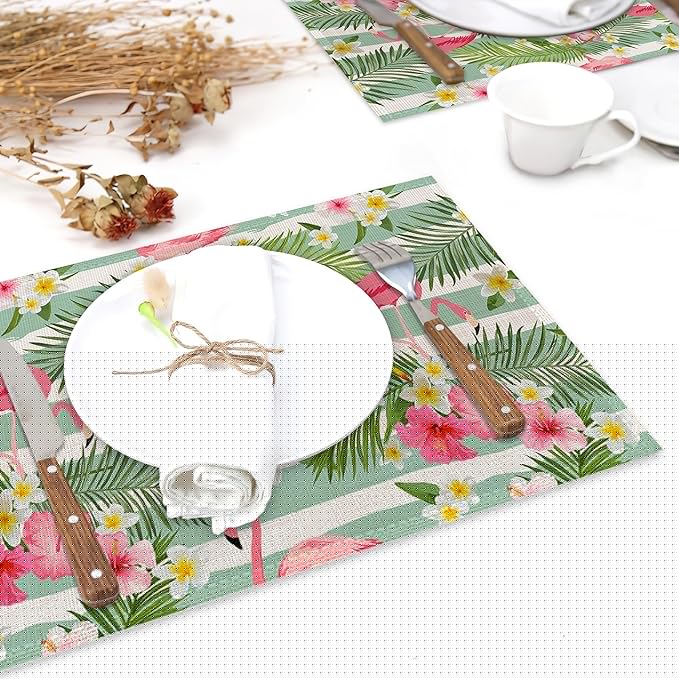Flamingo Flowers Linen Placemats Set of 6,12x18 Inch Tropical Leaves Washable Table Mats Heat Resistant Place Mats for Home Party Kitchen Dining Decoration