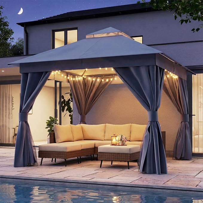 10'x10' Outdoor Gazebo with 50FT String Lights, Metal Heavy Duty Patio Canopy by LAUSAINTHOME