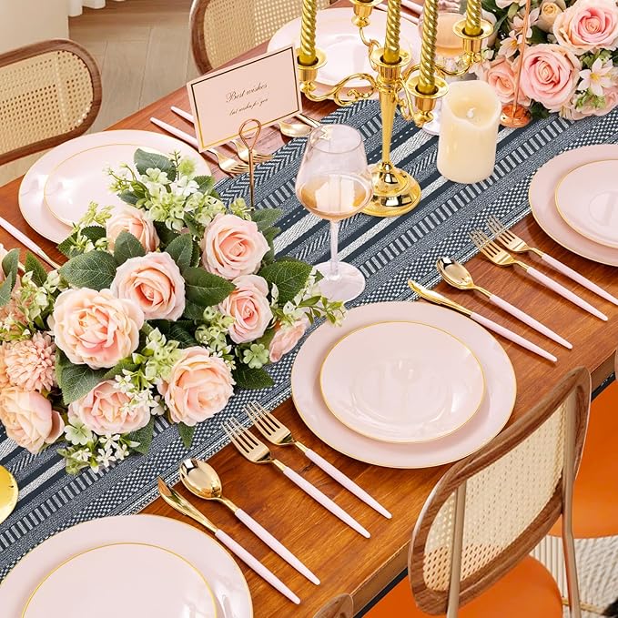 20 Pieces Boho Disposable Table Runners Roll 12x72 Inch, Non-Woven Waterproof Runners with Tear Line, Bohemian Decor for Wedding, Party, Events, Rustic Table Decorations Supplies (Stripe Grey)