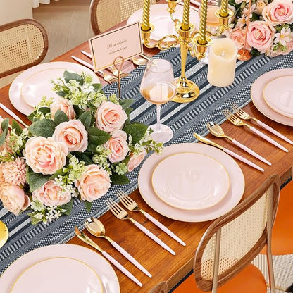 20 Pieces Boho Disposable Table Runners Roll 12x72 Inch, Non-Woven Waterproof Runners with Tear Line, Bohemian Decor for Wedding, Party, Events, Rustic Table Decorations Supplies (Stripe Grey)